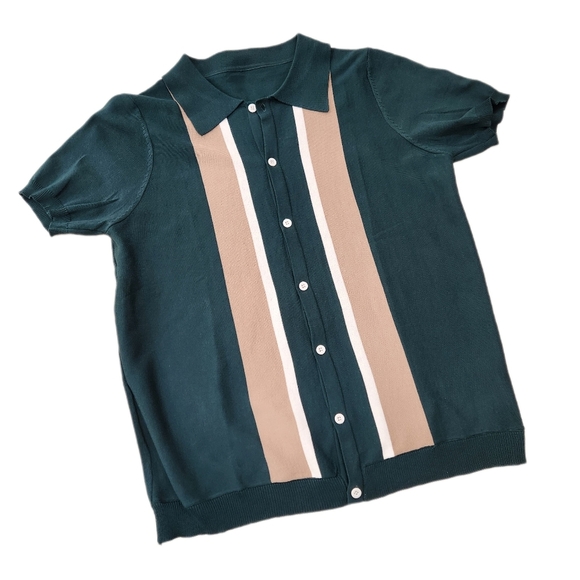 PREMIUM SHORT SLEEVE SLIM FIT KNIT POLO - GREEN/CREAM/WHITE, Mens Large - Picture 3 of 6